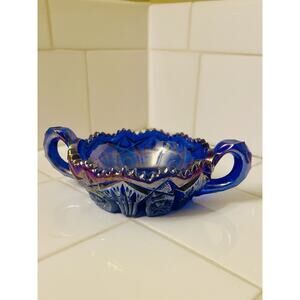 Vintage L.E. Smith Quintec Cobalt Blue Iridescent Carnival Glass Handled Bowl